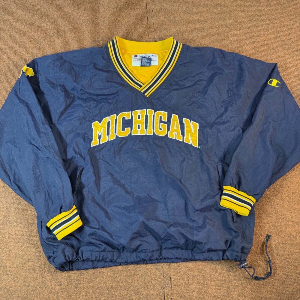 A+ Champion Michigan Wolverines V-Neck Windbreaker Pullover Navy Blue Mens Large